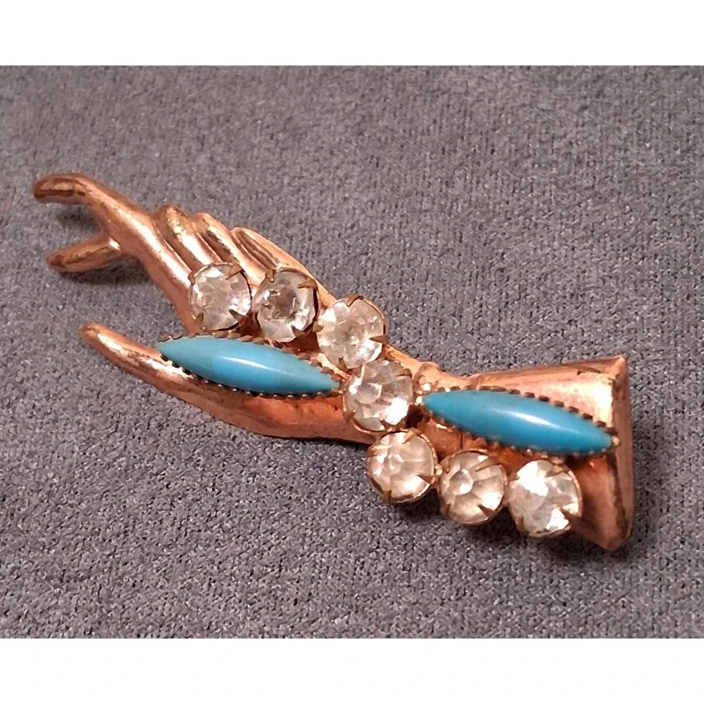 Vintage Hand Brooch Turquoise Glass Rose Gold - Picture 1 of 3
